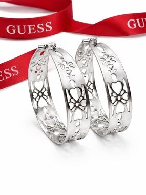 GUESS Silver Floral & Heart Cutout Hoop Earrings